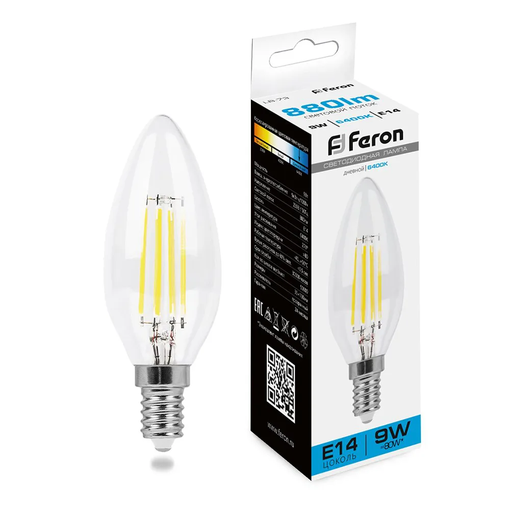 Лампа светодиодная FERON LB-73 Свеча E14 9W 230V 6400K 38229
