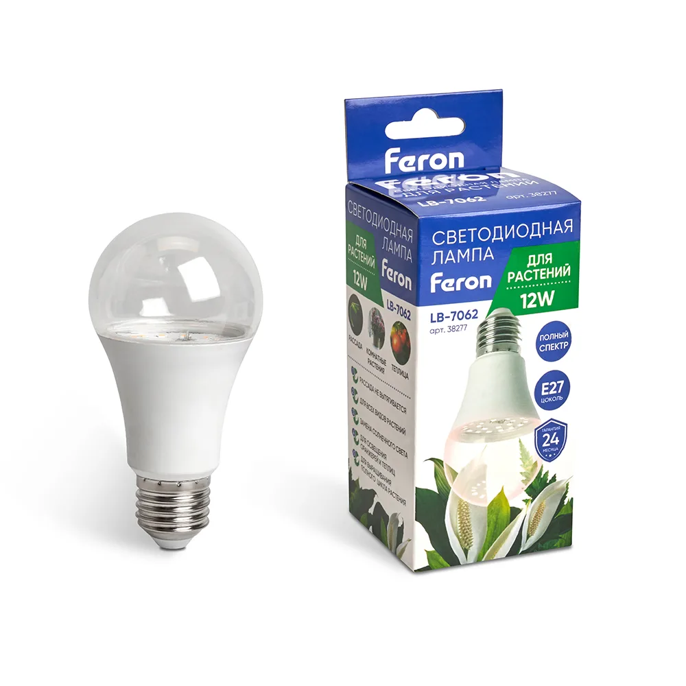 Лампа светодиодная для растений А60 FERON LB-7062 E27 12W 175-265V полный спектр 38277