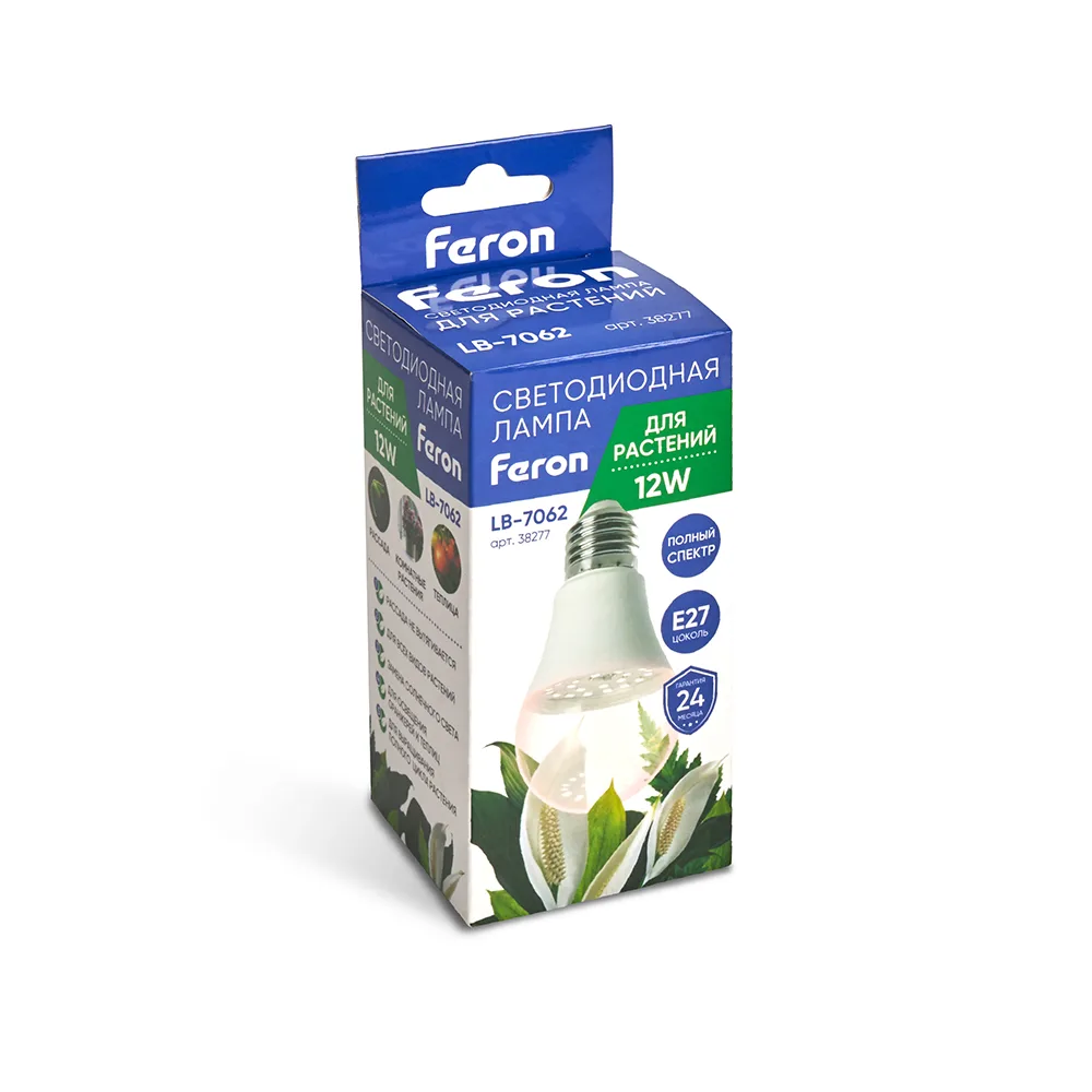 FERON Лампа светодиодная для растений А60 LB-7062 E27 12W 175-265V полный спектр 38277 FERON Лампа светодиодная для растений А60 LB-7062 E27 12W 175-265V полный спектр 38277