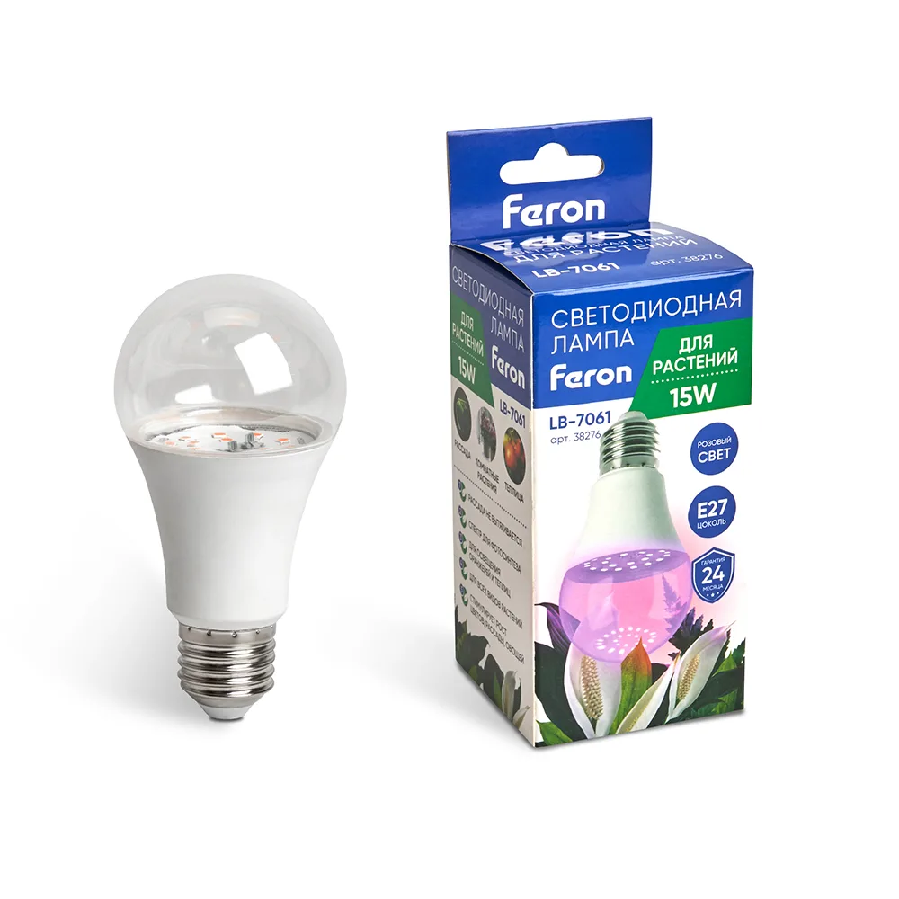 FERON Лампа светодиодная для растений А60 LB-7061 E27 15W 175-265V красно-синий спектр 38276 FERON Лампа светодиодная для растений А60 LB-7061 E27 15W 175-265V красно-синий спектр 38276
