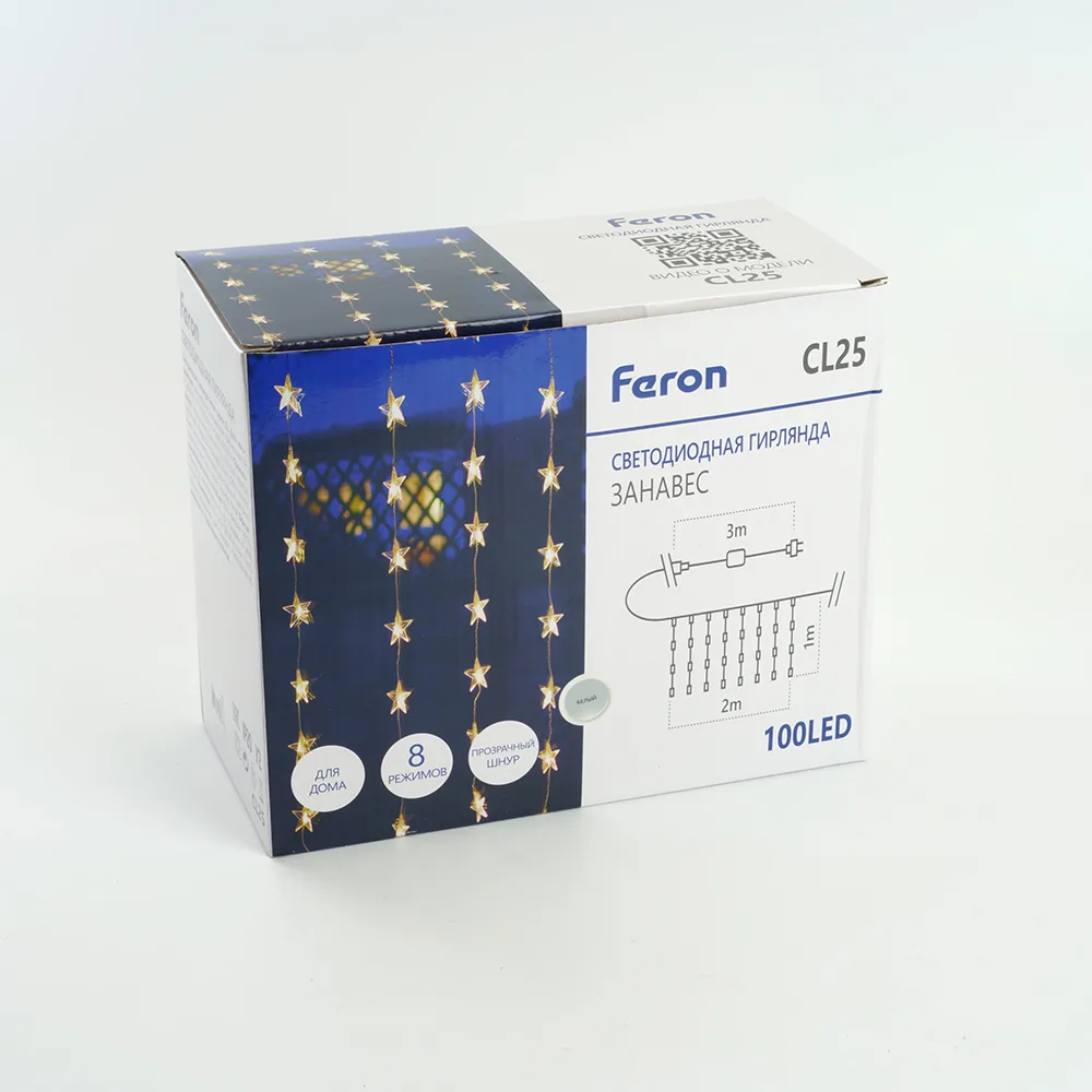 FERON Светодиодная гирлянда CL25 занавес Звездочки 2*1м + 3м 5000K с контроллером, c питанием от сети 230V, прозрачный шнур FERON Светодиодная гирлянда CL25 занавес Звездочки 2*1м + 3м 5000K с контроллером, c питанием от сети 230V, прозрачный шнур