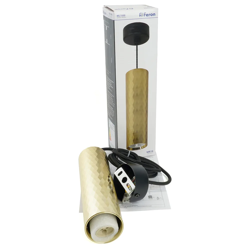 FERON Светильник потолочный ML1888 Barrel PRISM levitation на подвесе MR16 35W, 230V, чёрный, золото 55*200 48669 FERON Светильник потолочный ML1888 Barrel PRISM levitation на подвесе MR16 35W, 230V, чёрный, золото 55*200 48669