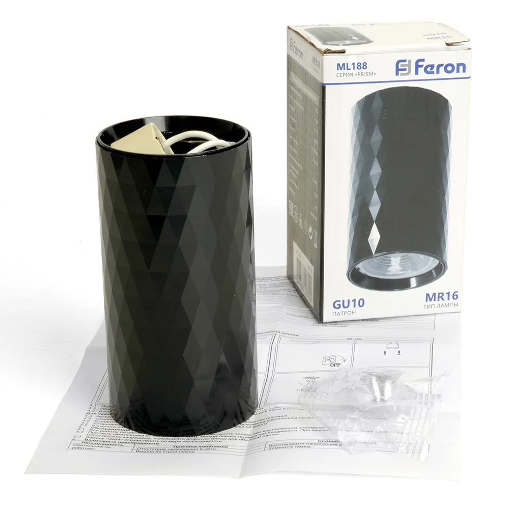 FERON Светильник потолочный ML188 Barrel PRISM MR16 GU10 35W 230V, черный 48674 FERON Светильник потолочный ML188 Barrel PRISM MR16 GU10 35W 230V, черный 48674
