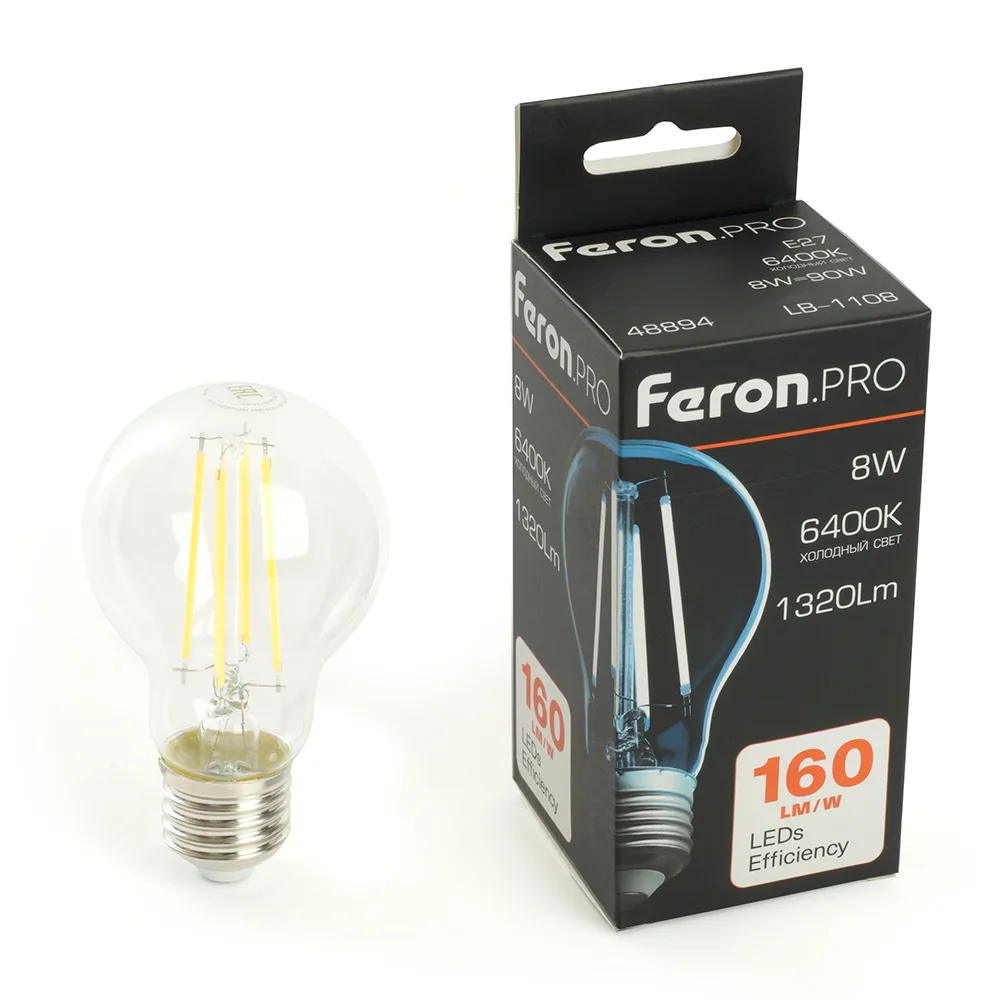 Лампа светодиодная FERON.PRO LB-1108 Шар E27 1320LM 8W 175-265V 6400K 48894