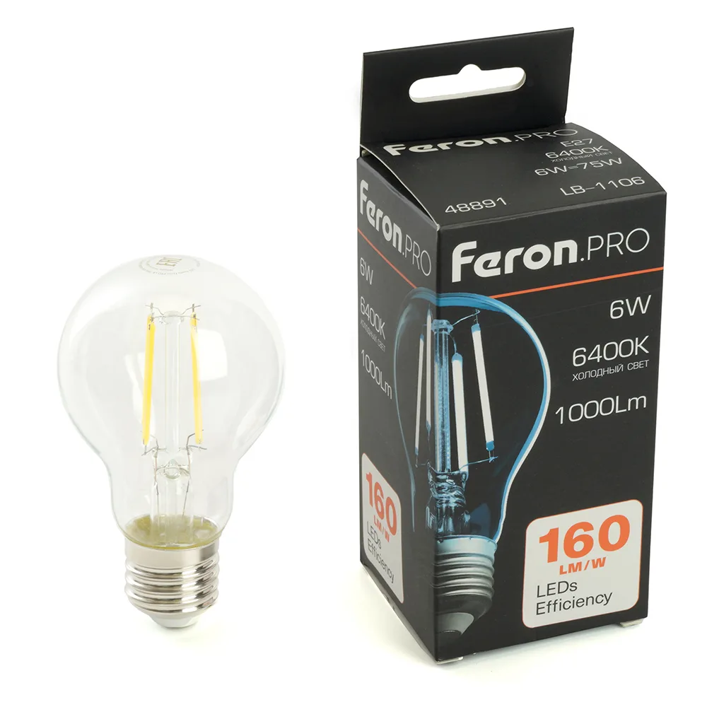 FERON Лампа светодиодная Feron.PRO LB-1106 Шар E27 1000LM 6W 175-265V 6400K 48891 FERON Лампа светодиодная Feron.PRO LB-1106 Шар E27 1000LM 6W 175-265V 6400K 48891
