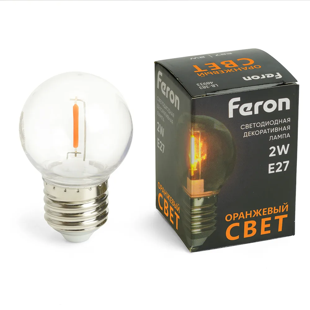 FERON Лампа светодиодная LB-383 Шарик прозрачный E27 2W 230V оранжевый 48932 FERON Лампа светодиодная LB-383 Шарик прозрачный E27 2W 230V оранжевый 48932