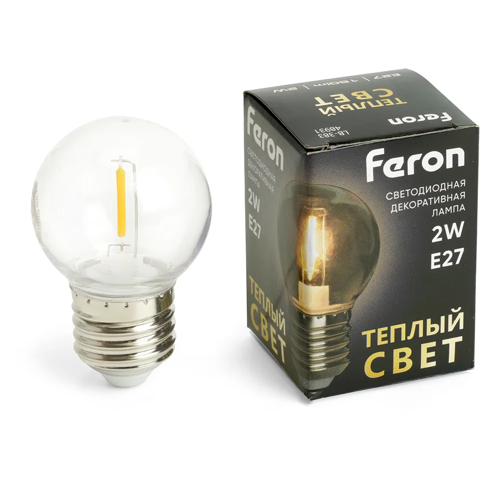FERON Лампа светодиодная LB-383 Шарик прозрачный E27 2W 230V 2700K 48931 FERON Лампа светодиодная LB-383 Шарик прозрачный E27 2W 230V 2700K 48931