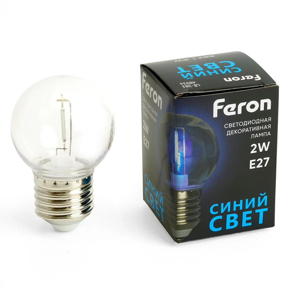FERON Лампа светодиодная LB-383 Шарик прозрачный E27 2W 230V синий 48934 FERON Лампа светодиодная LB-383 Шарик прозрачный E27 2W 230V синий 48934