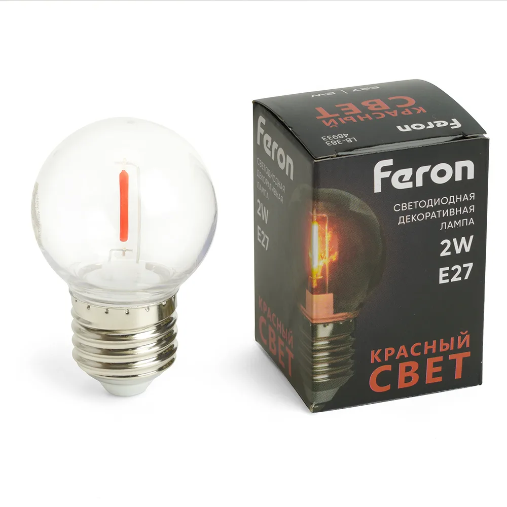 FERON Лампа светодиодная LB-383 Шарик прозрачный E27 2W 230V красный 48933 FERON Лампа светодиодная LB-383 Шарик прозрачный E27 2W 230V красный 48933