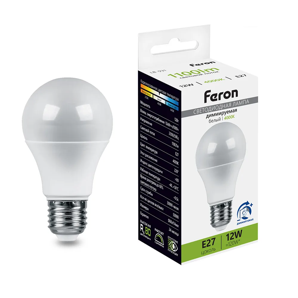 FERON Лампа светодиодная диммируемая LB-931 Шар E27 12W 230V 4000K 51053 FERON Лампа светодиодная диммируемая LB-931 Шар E27 12W 230V 4000K 51053