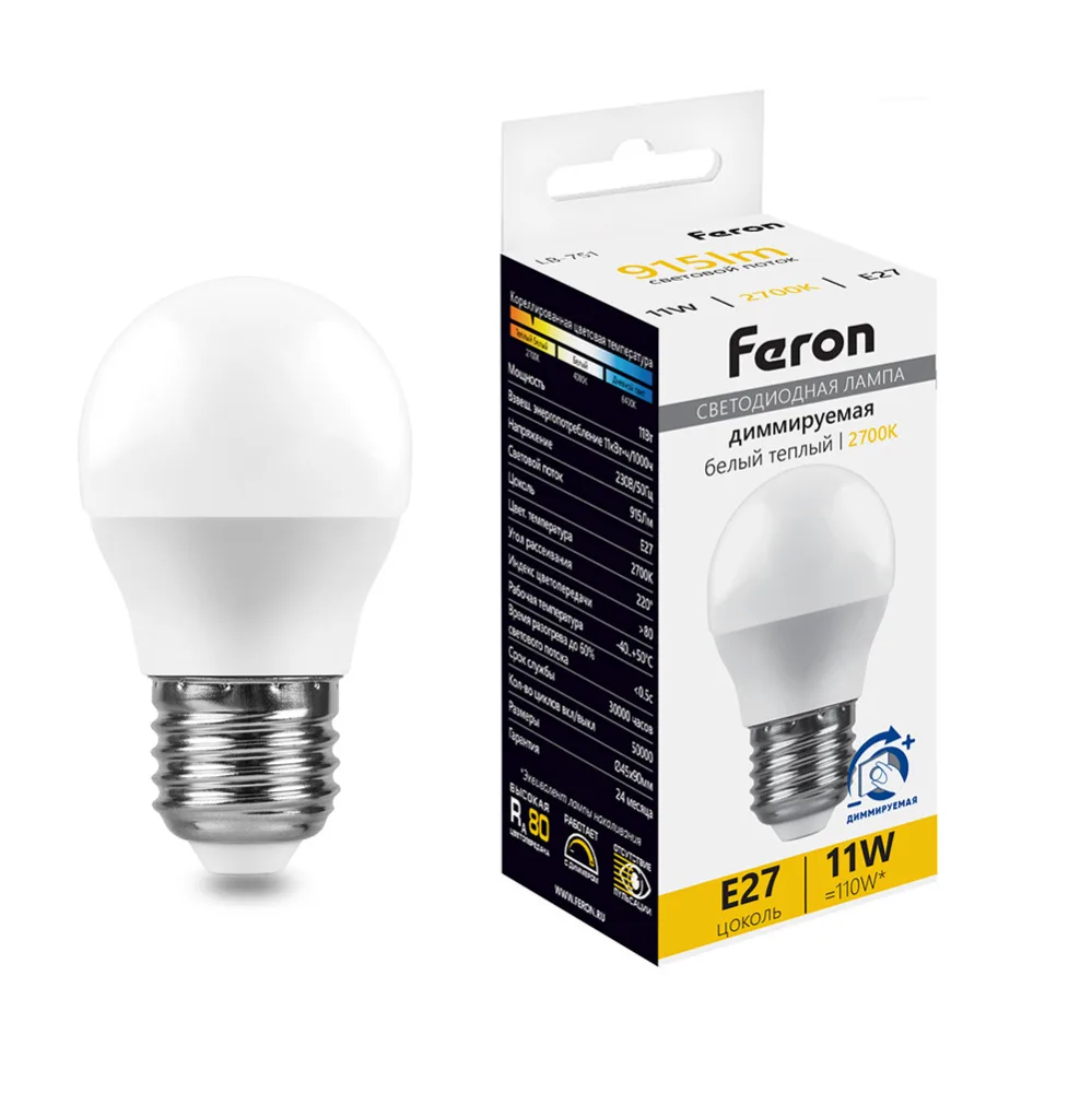FERON Лампа светодиодная диммируемая LB-751 Шарик E27 11W 230V 2700K 51058 FERON Лампа светодиодная диммируемая LB-751 Шарик E27 11W 230V 2700K 51058