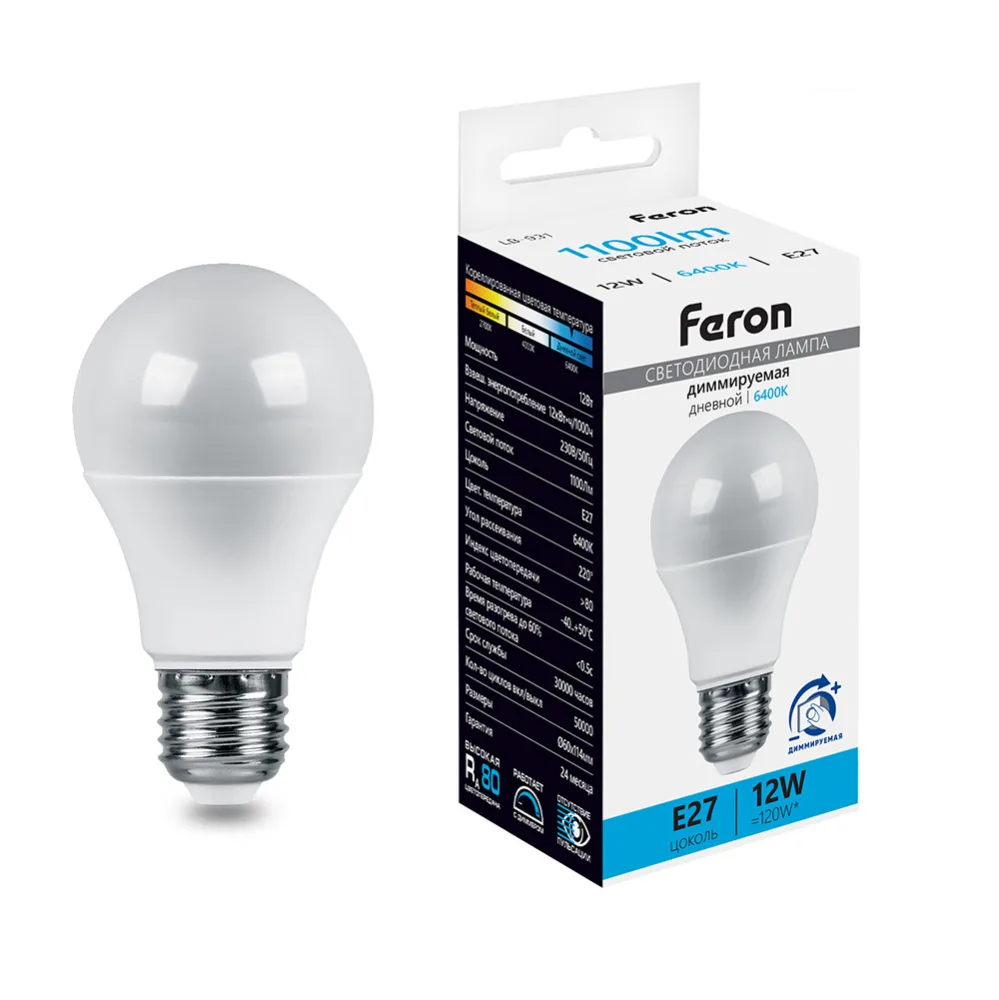 FERON Лампа светодиодная диммируемая LB-931 Шар E27 12W 230V 6400K 51054 FERON Лампа светодиодная диммируемая LB-931 Шар E27 12W 230V 6400K 51054