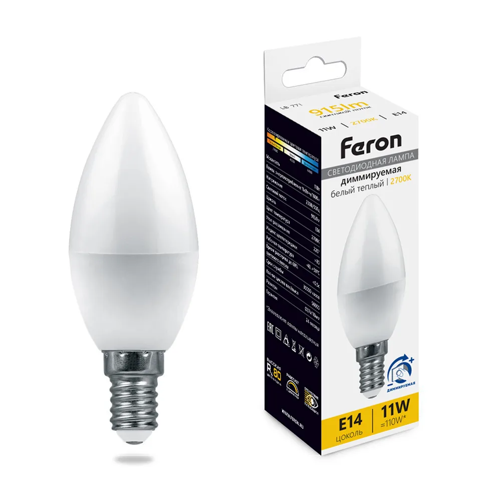 Лампа светодиодная диммируемая FERON LB-771 Свеча E14 11W 230V 2700K 51055