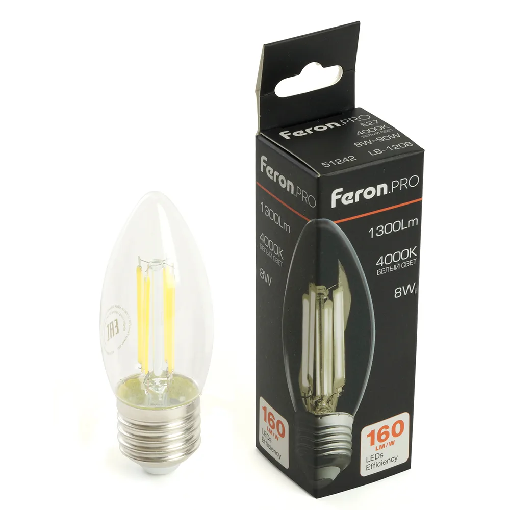 FERON Лампа светодиодная Feron.PRO LB-1208 Свеча E27 1300LM 8W 175-265V 4000K 51242 FERON Лампа светодиодная Feron.PRO LB-1208 Свеча E27 1300LM 8W 175-265V 4000K 51242