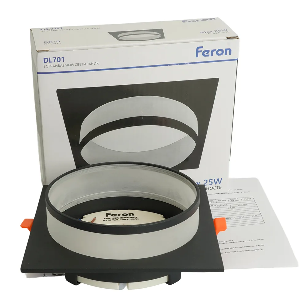 FERON Светильник встраиваемый DL701 потолочный GX70 черный квадрат 51096 FERON Светильник встраиваемый DL701 потолочный GX70 черный квадрат 51096