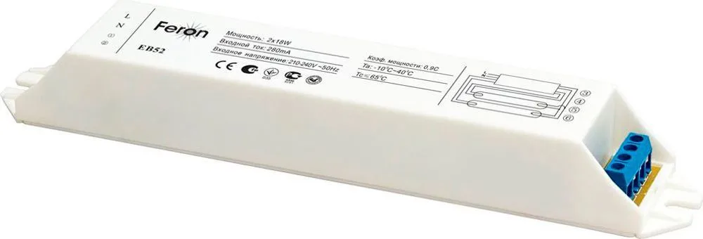 FERON Аппарат пускорегулирующий электронный (балласт), 2*18W T8/G13 230V, EB52 FERON Аппарат пускорегулирующий электронный (балласт), 2*18W T8/G13 230V, EB52