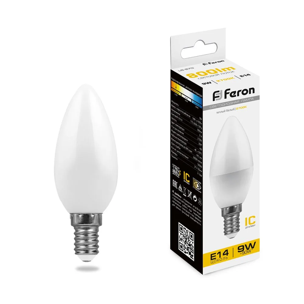 Лампа светодиодная FERON LB-570 Свеча E14 9W 175-265V 2700K 25798