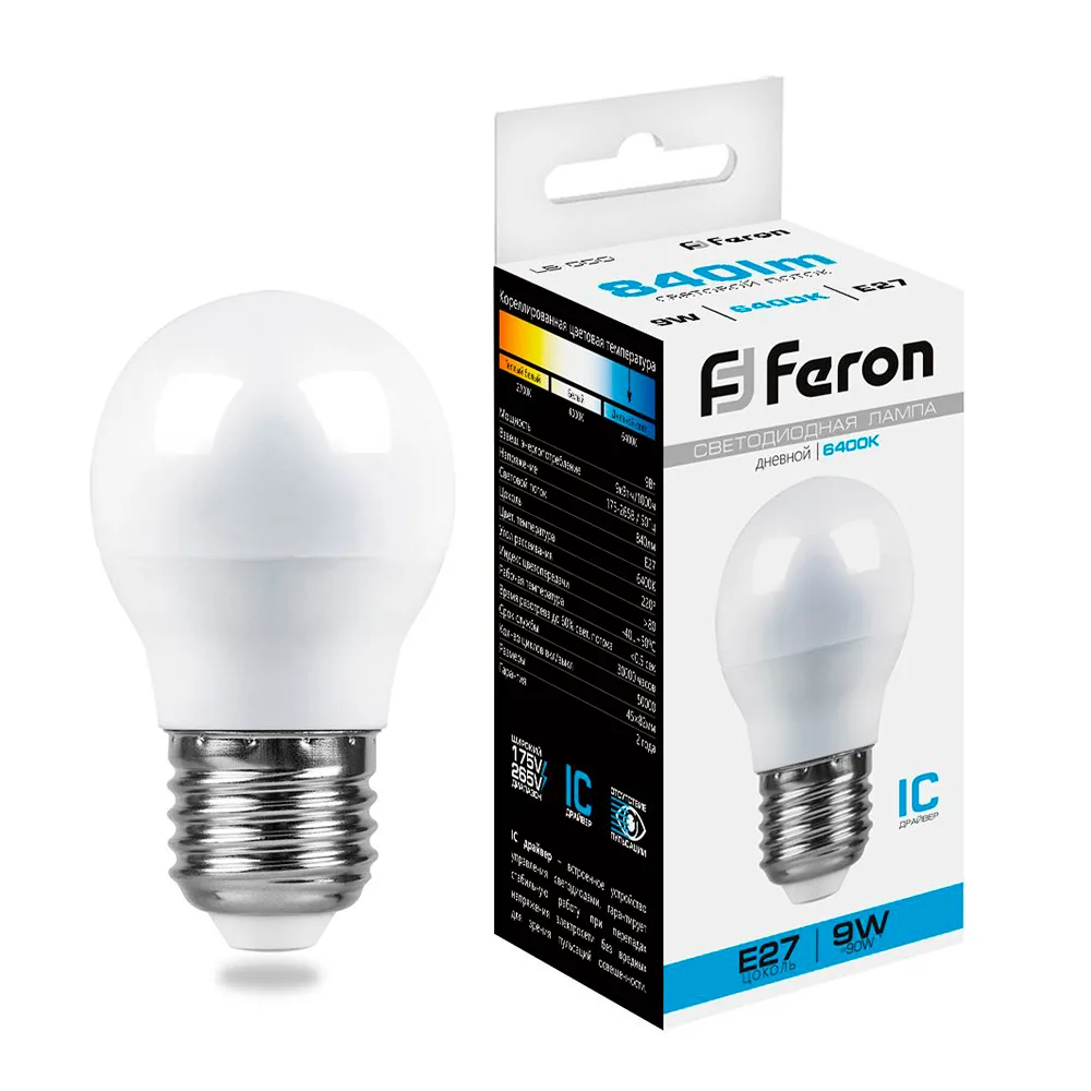 FERON Лампа светодиодная LB-550 Шарик E27 9W 175-265V 6400K 25806 FERON Лампа светодиодная LB-550 Шарик E27 9W 175-265V 6400K 25806