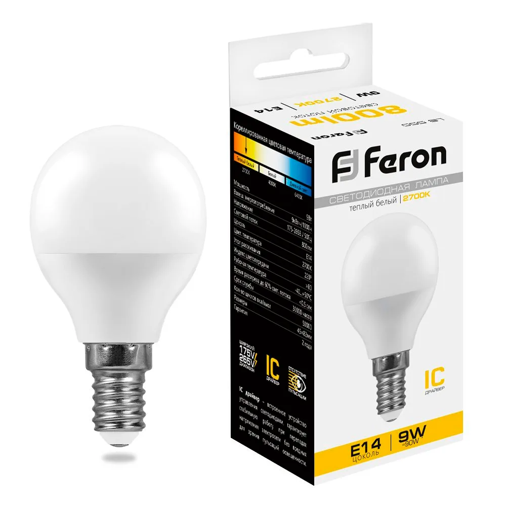 FERON Лампа светодиодная LB-550 Шарик E14 9W 175-265V 2700K 25801 FERON Лампа светодиодная LB-550 Шарик E14 9W 175-265V 2700K 25801