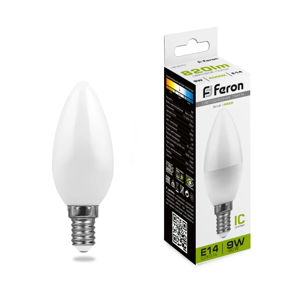 FERON Лампа светодиодная LB-570 Свеча E14 9W 175-265V 4000K 25799 FERON Лампа светодиодная LB-570 Свеча E14 9W 175-265V 4000K 25799