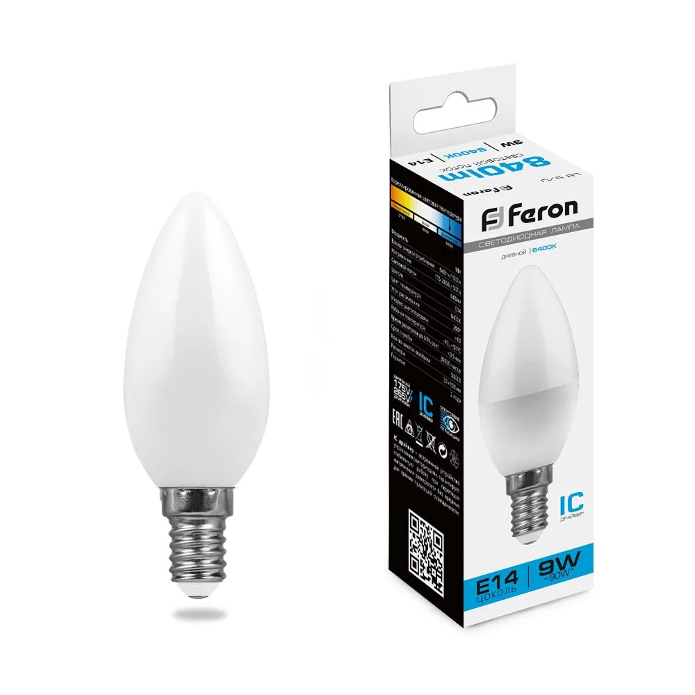 Лампа светодиодная FERON LB-570 Свеча E14 9W 175-265V 6400K 25800