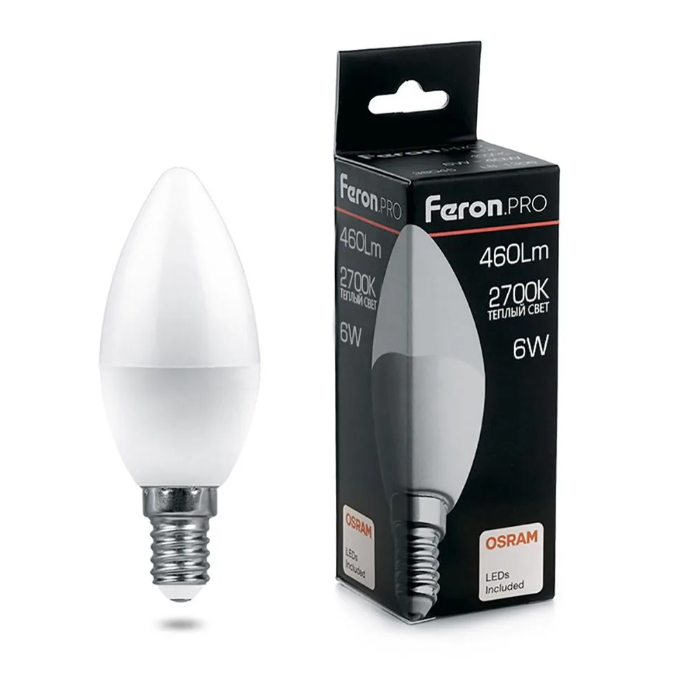 FERON Лампа светодиодная Feron.PRO LB-1306 Свеча E14 6W 175-265V 2700K 38044 FERON Лампа светодиодная Feron.PRO LB-1306 Свеча E14 6W 175-265V 2700K 38044
