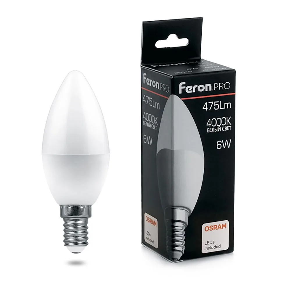 FERON Лампа светодиодная Feron.PRO LB-1306 Свеча E14 6W 175-265V 4000K 38045 FERON Лампа светодиодная Feron.PRO LB-1306 Свеча E14 6W 175-265V 4000K 38045