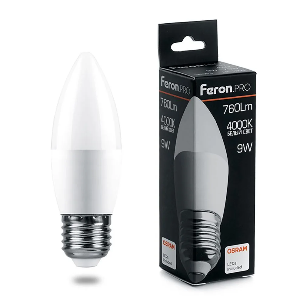 Лампа светодиодная FERON.PRO LB-1309 Свеча E27 9W 175-265V 4000K 38063
