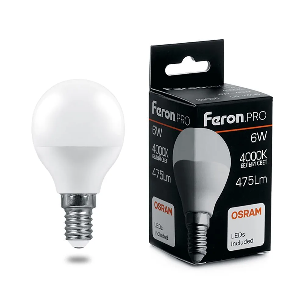 FERON Лампа светодиодная Feron.PRO LB-1406 Шарик E14 6W 175-265V 4000K 38066 FERON Лампа светодиодная Feron.PRO LB-1406 Шарик E14 6W 175-265V 4000K 38066