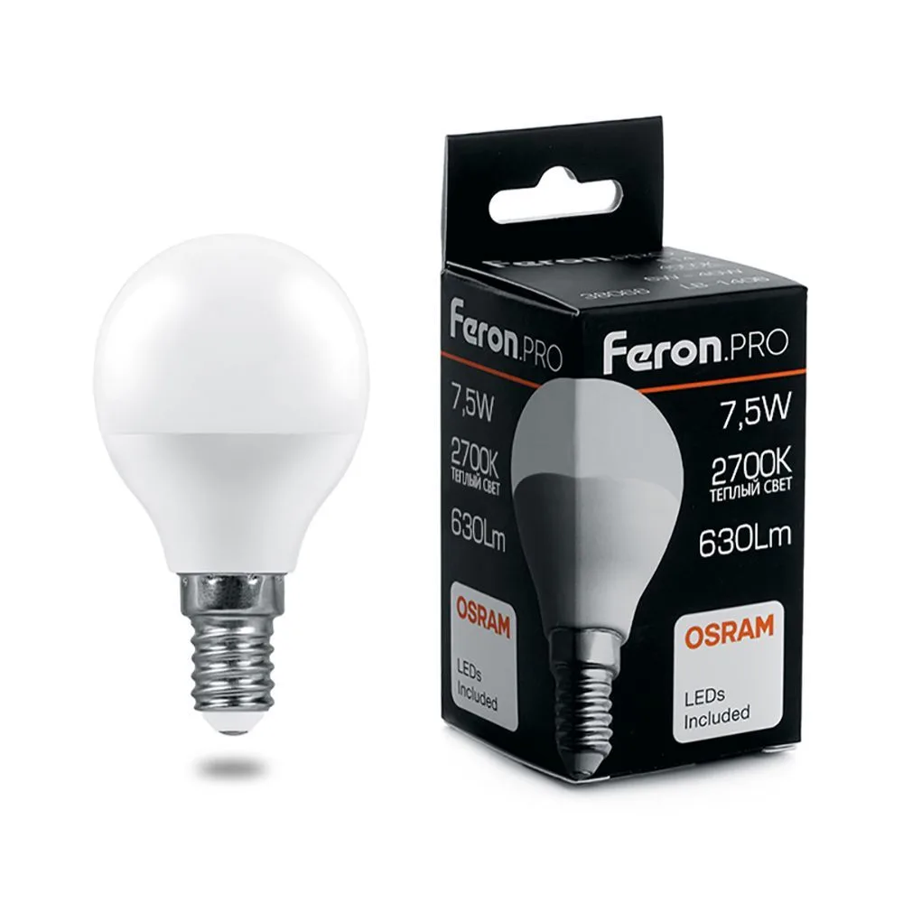 FERON Лампа светодиодная Feron.PRO LB-1407 Шарик E14 7.5W 175-265V 2700K 38071 FERON Лампа светодиодная Feron.PRO LB-1407 Шарик E14 7.5W 175-265V 2700K 38071