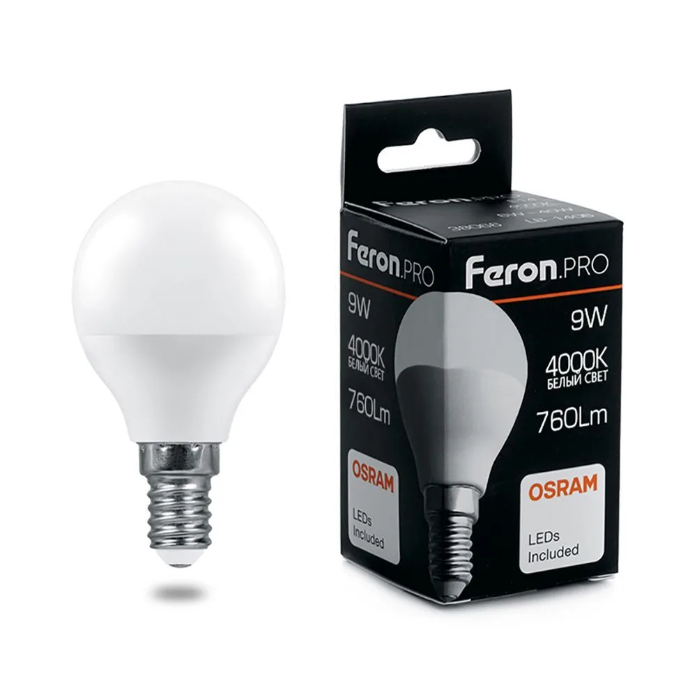 FERON Лампа светодиодная Feron.PRO LB-1409 Шарик E14 9W 175-265V 4000K 38078 FERON Лампа светодиодная Feron.PRO LB-1409 Шарик E14 9W 175-265V 4000K 38078