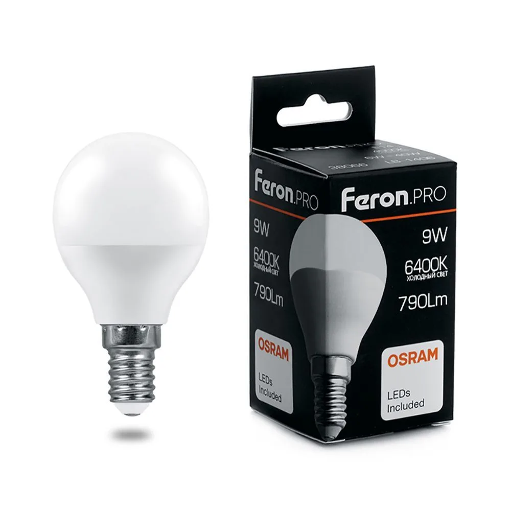 Лампа светодиодная FERON.PRO LB-1409 Шарик E14 9W 175-265V 6400K 38079
