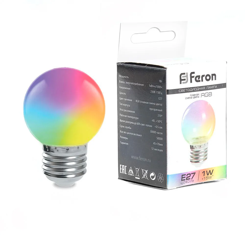 FERON Лампа светодиодная LB-37 Шарик матовый E27 1W 230V RGB быстрая смена цвета 38126 FERON Лампа светодиодная LB-37 Шарик матовый E27 1W 230V RGB быстрая смена цвета 38126