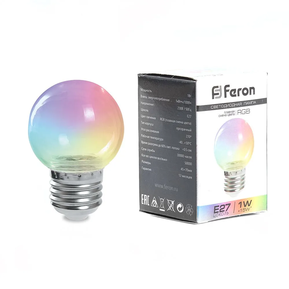 Лампа светодиодная FERON LB-37 Шарик прозрачный E27 1W RGB быстрая смена цвета 38129