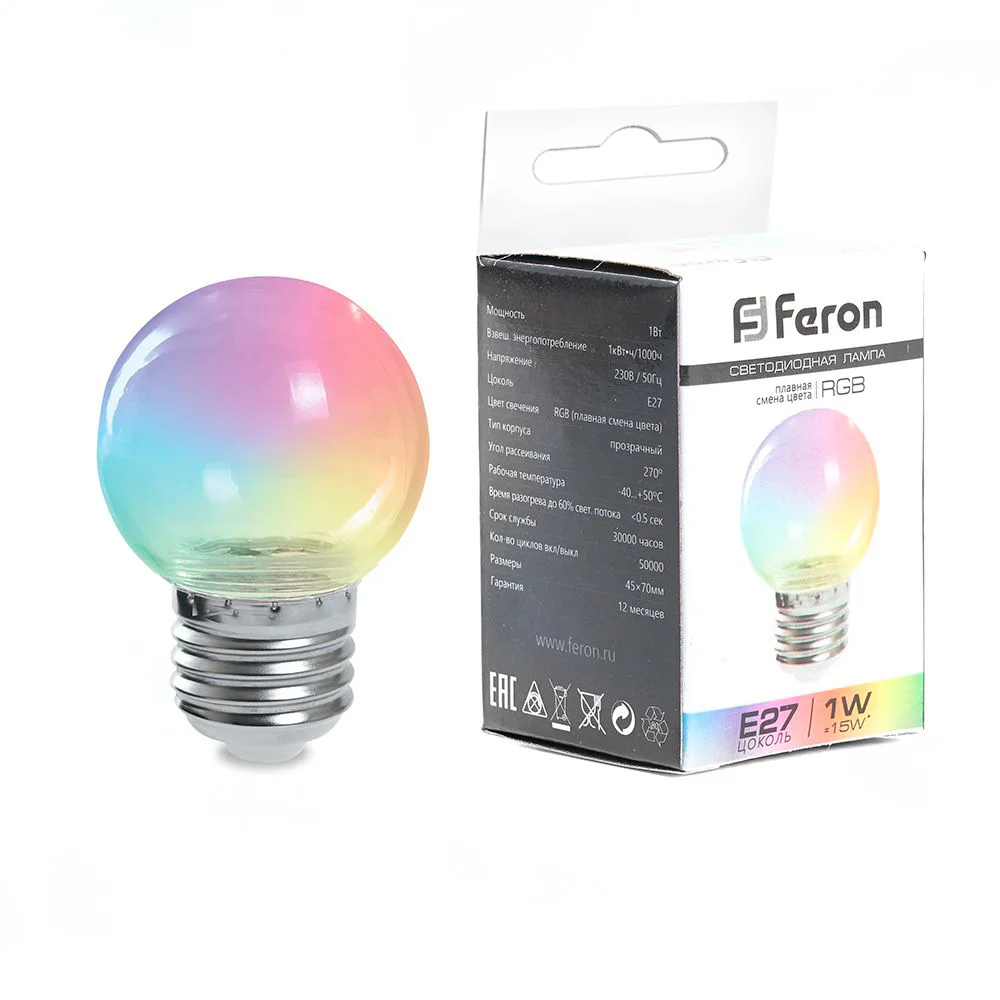 FERON Лампа светодиодная LB-37 Шарик прозрачный E27 1W 230V RGB плавная смена цвета 38132 FERON Лампа светодиодная LB-37 Шарик прозрачный E27 1W 230V RGB плавная смена цвета 38132