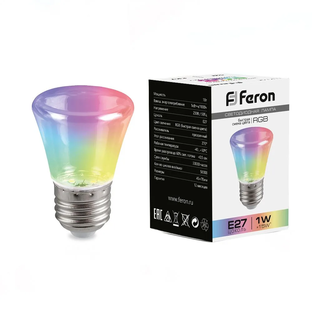Лампа светодиодная FERON LB-372 Колокольчик прозрачный E27 1W RGB плавная смена цвета 38134