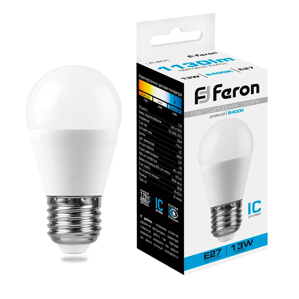 FERON Лампа светодиодная LB-950 Шарик E27 13W 175-265V 6400K 38106 FERON Лампа светодиодная LB-950 Шарик E27 13W 175-265V 6400K 38106