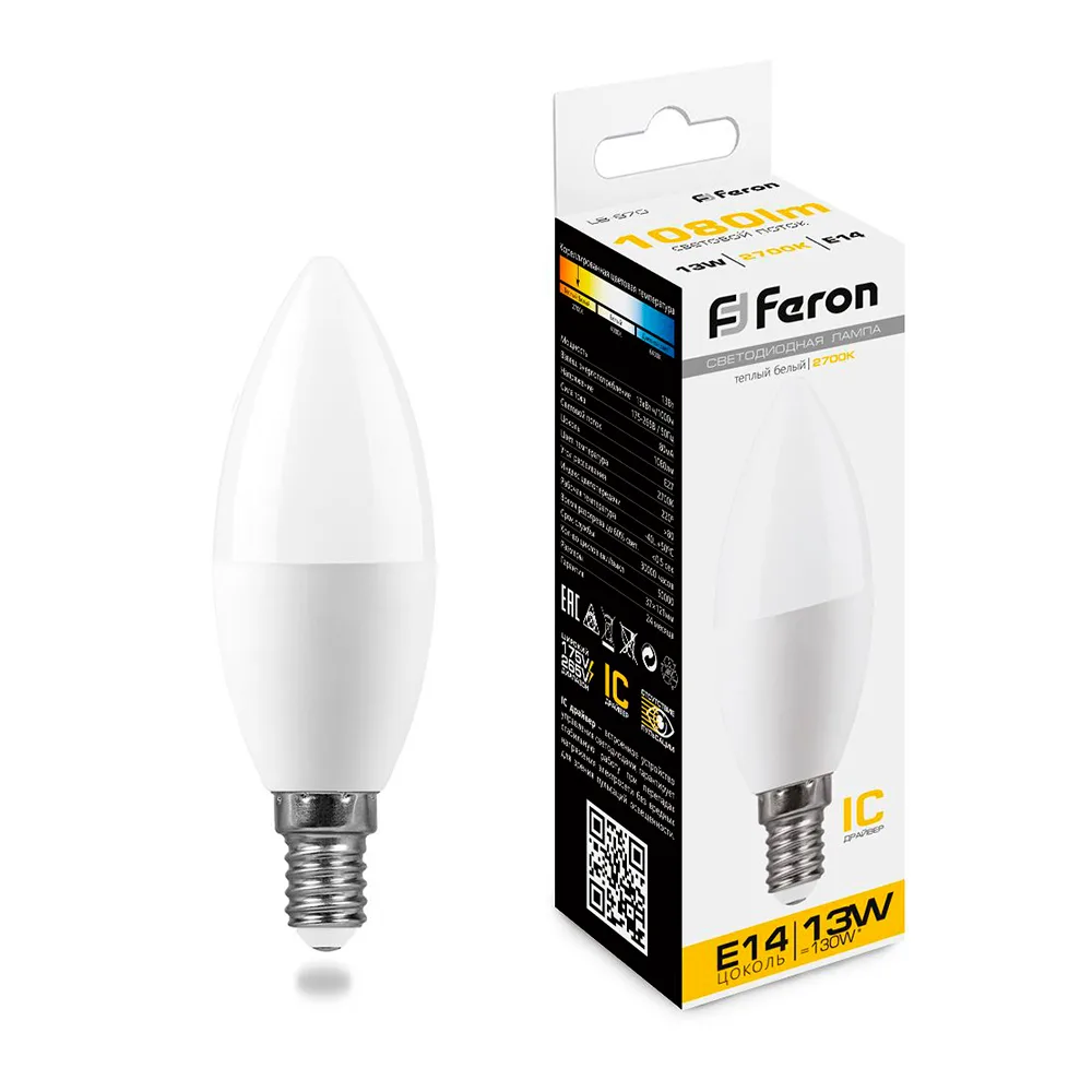 FERON Лампа светодиодная LB-970 Свеча E14 13W 175-265V 2700K 38107 FERON Лампа светодиодная LB-970 Свеча E14 13W 175-265V 2700K 38107