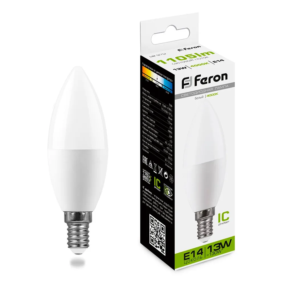 Лампа светодиодная FERON LB-970 Свеча E14 13W 175-265V 4000K 38108