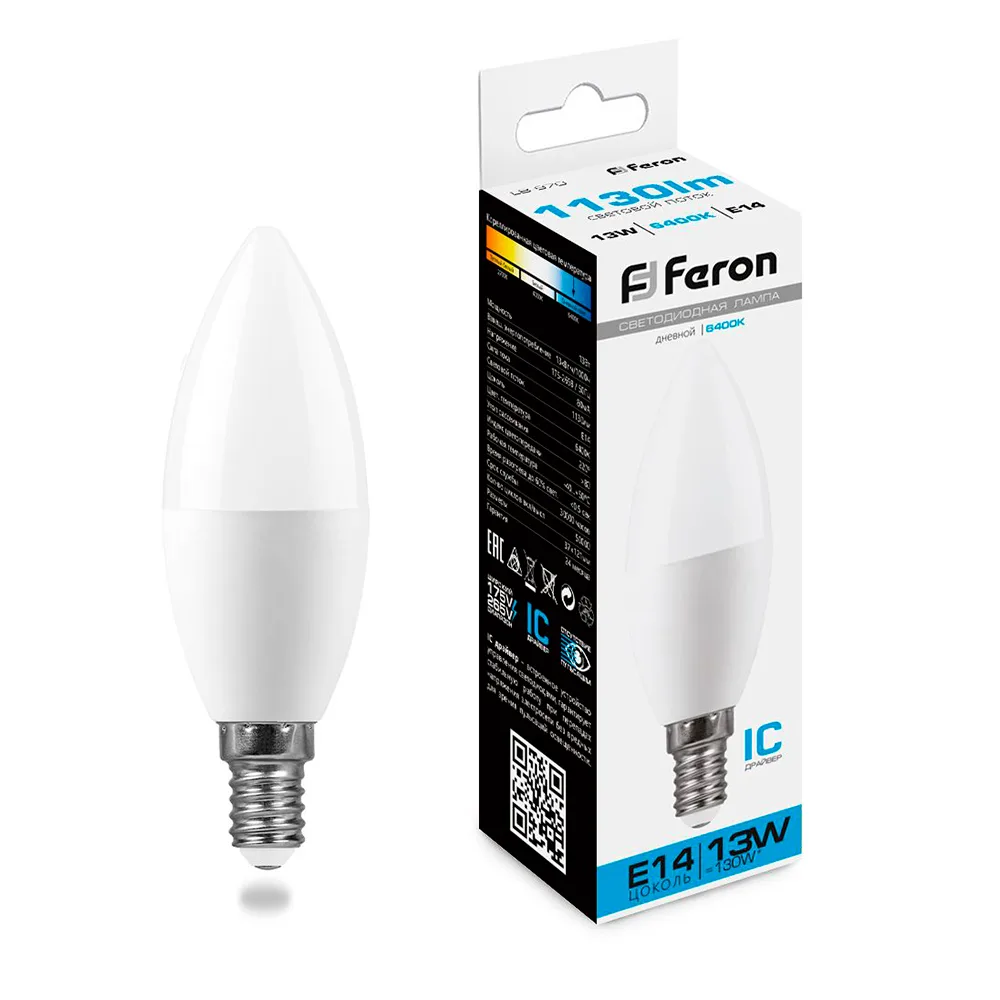 Лампа светодиодная FERON LB-970 Свеча E14 13W 175-265V 6400K 38109