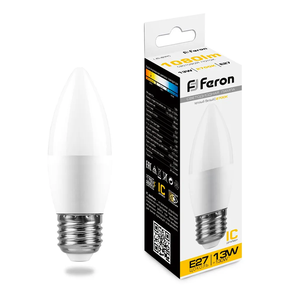 Лампа светодиодная FERON LB-970 Свеча E27 13W 175-265V 2700K 38110