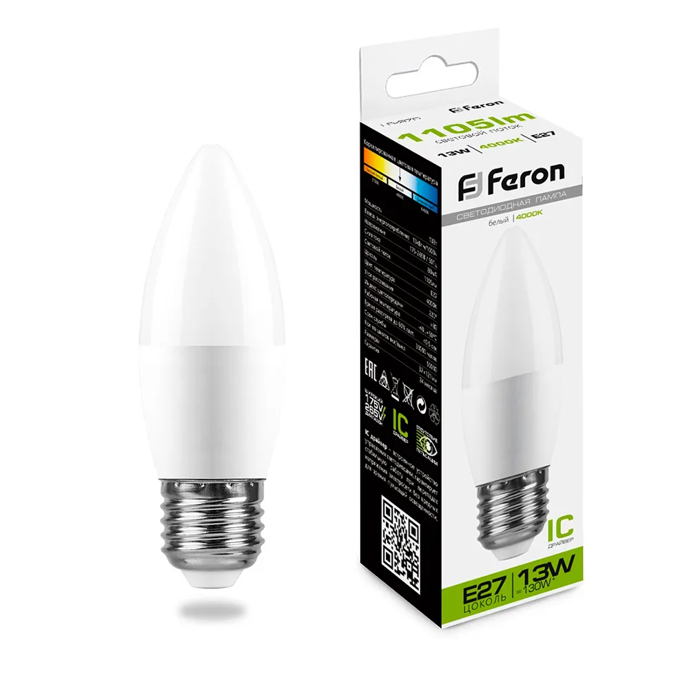FERON Лампа светодиодная LB-970 Свеча E27 13W 175-265V 4000K 38111 FERON Лампа светодиодная LB-970 Свеча E27 13W 175-265V 4000K 38111