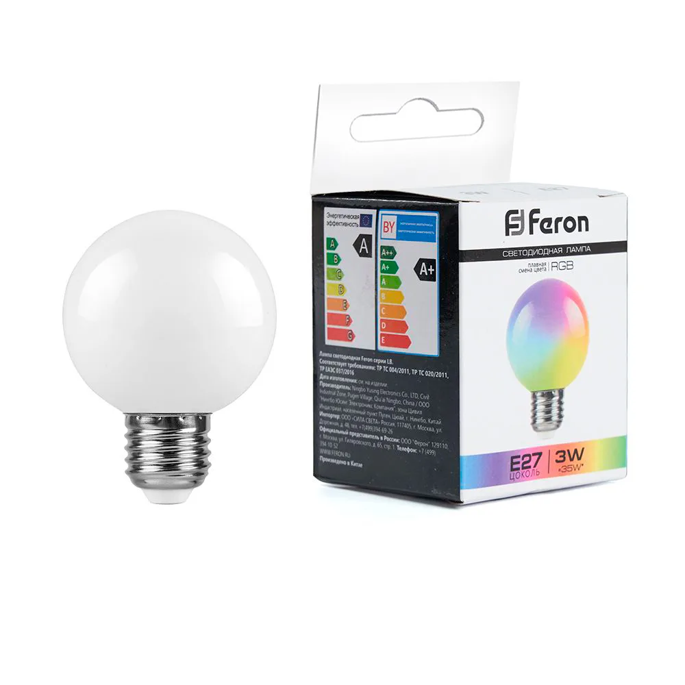 Лампа светодиодная FERON LB-371 Шар матовый E27 3W 230V RGB плавная сменая цвета 38115