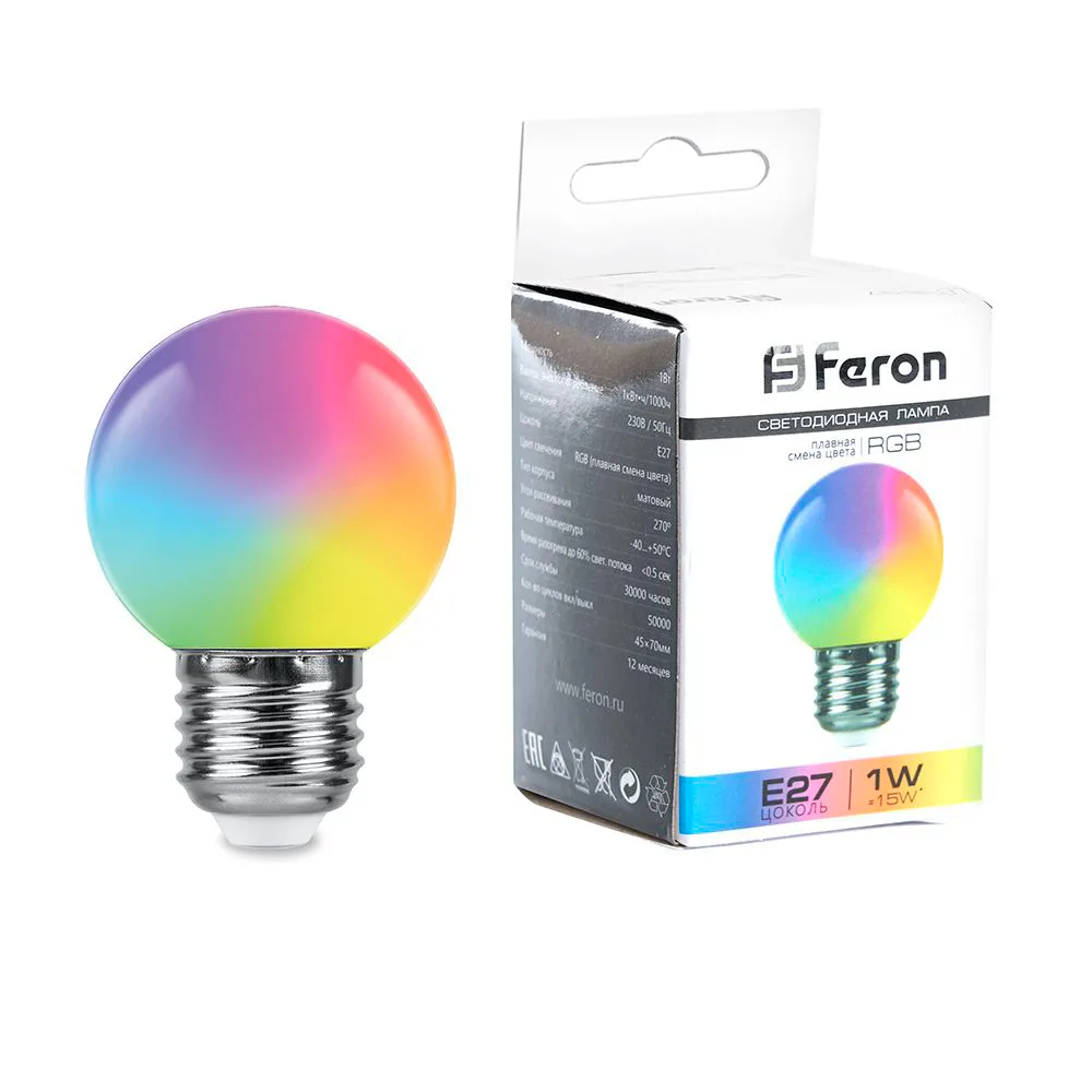 FERON Лампа светодиодная LB-37 Шарик матовый E27 1W 230V RGB плавная сменая цвета 38116 FERON Лампа светодиодная LB-37 Шарик матовый E27 1W 230V RGB плавная сменая цвета 38116