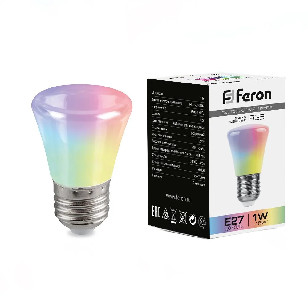 FERON Лампа светодиодная LB-372 Колокольчик матовый E27 1W RGB плавная сменая цвета 38117 FERON Лампа светодиодная LB-372 Колокольчик матовый E27 1W RGB плавная сменая цвета 38117