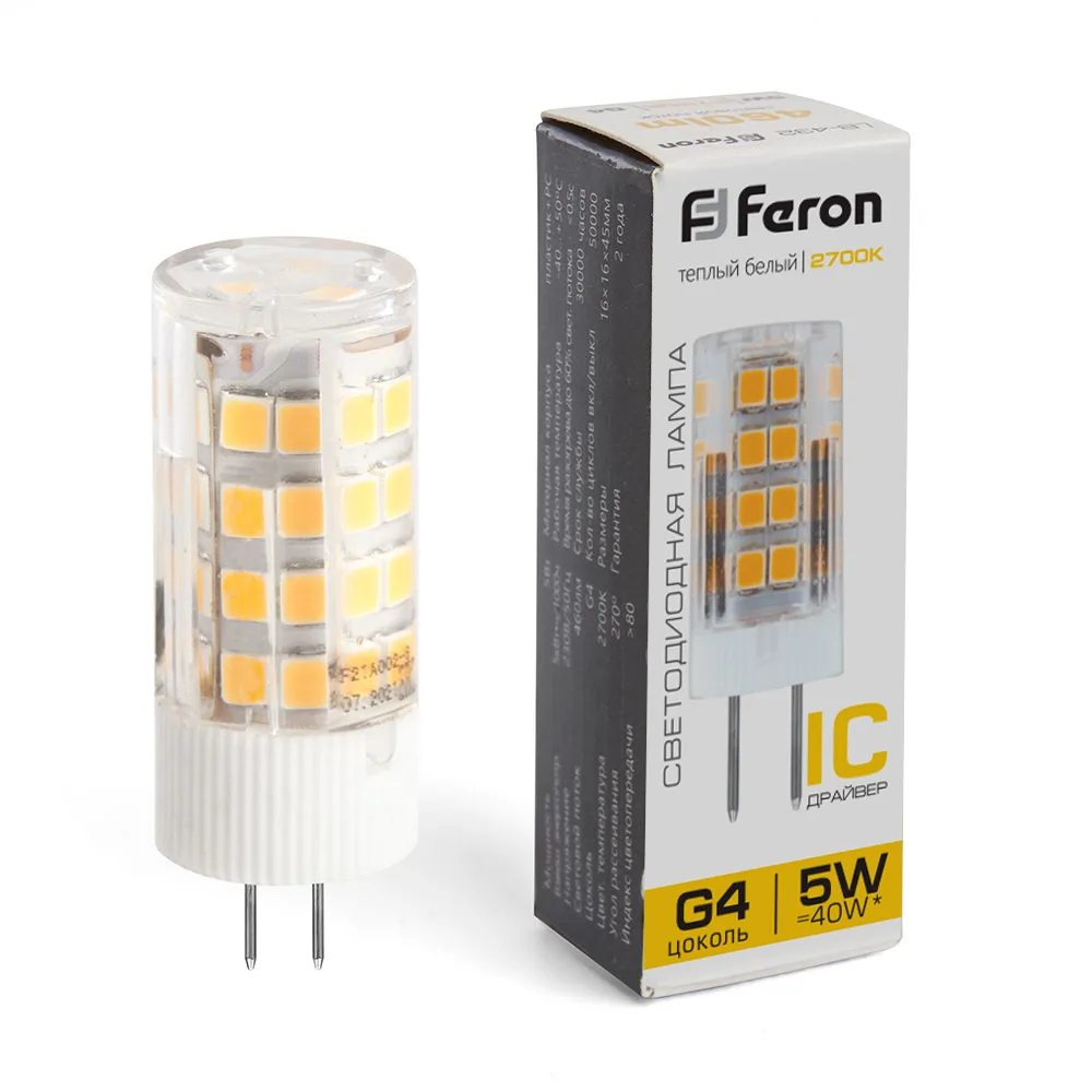 FERON Лампа светодиодная LB-432 G4 5W 175-265V 2700K 25860 FERON Лампа светодиодная LB-432 G4 5W 175-265V 2700K 25860