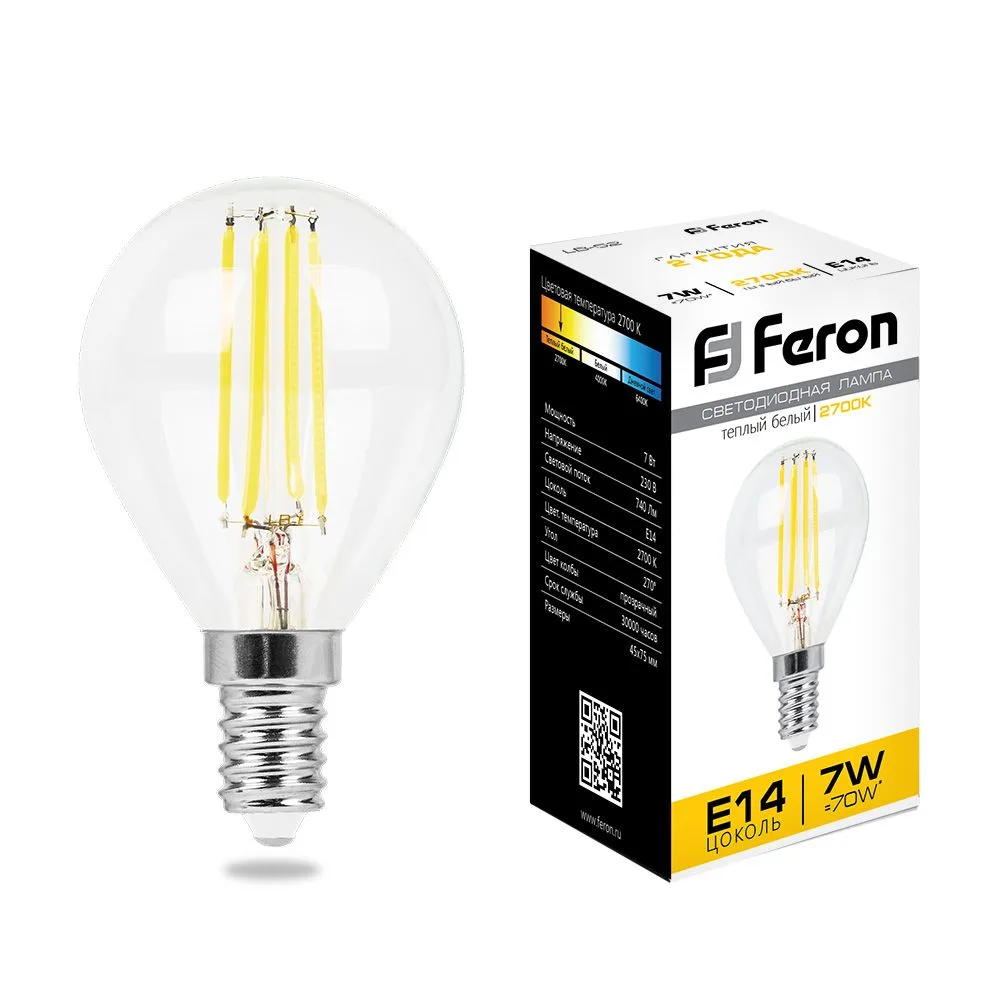 FERON Лампа светодиодная LB-52 Шарик E14 7W 230V 2700K 25874 FERON Лампа светодиодная LB-52 Шарик E14 7W 230V 2700K 25874