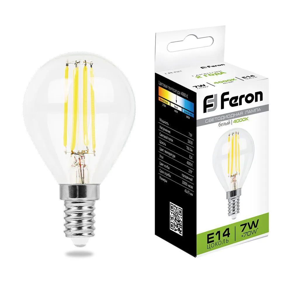 FERON Лампа светодиодная LB-52 Шарик E14 7W 230V 4000K 25875 FERON Лампа светодиодная LB-52 Шарик E14 7W 230V 4000K 25875