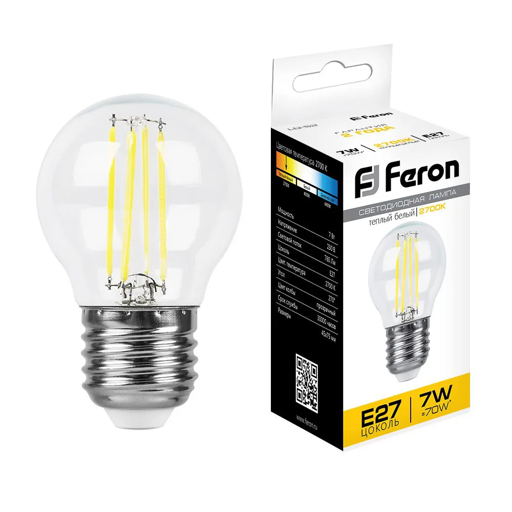 FERON Лампа светодиодная LB-52 Шарик E27 7W 230V 2700K 25876 FERON Лампа светодиодная LB-52 Шарик E27 7W 230V 2700K 25876