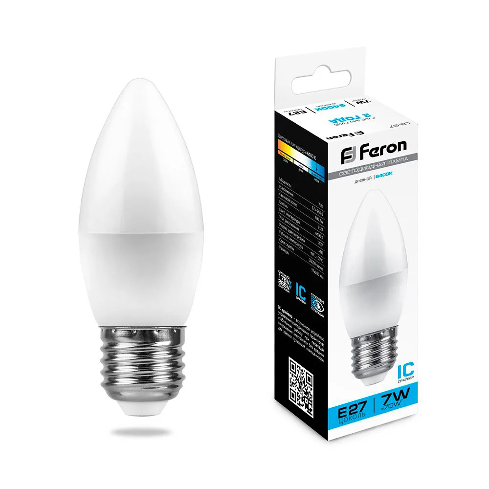 FERON Лампа светодиодная LB-97 Свеча E27 7W 175-265V 6400K 25883 FERON Лампа светодиодная LB-97 Свеча E27 7W 175-265V 6400K 25883